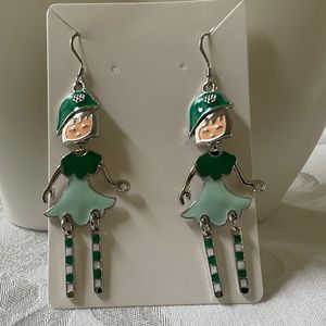 Green Enamel Stainless Steel Hook Earrings in Silver Tone Setting
